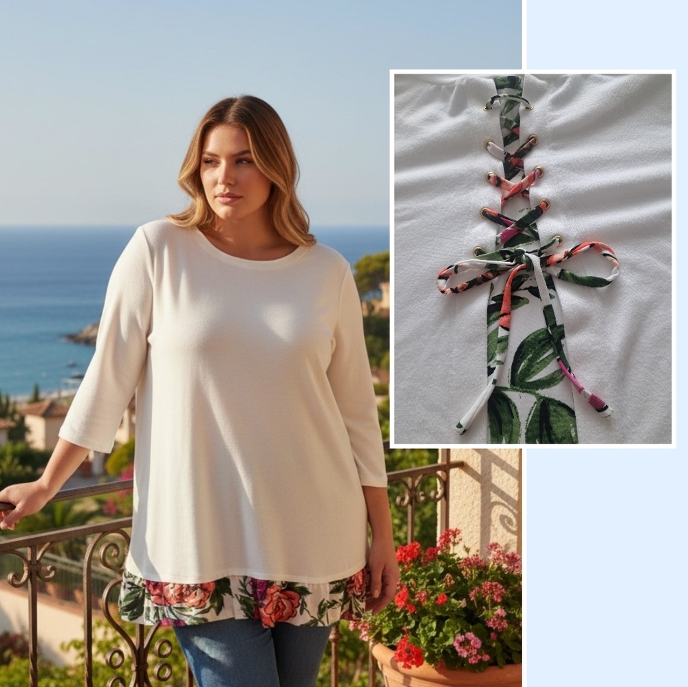 Nina Leonard White Top with Floral Lace-Up Detail